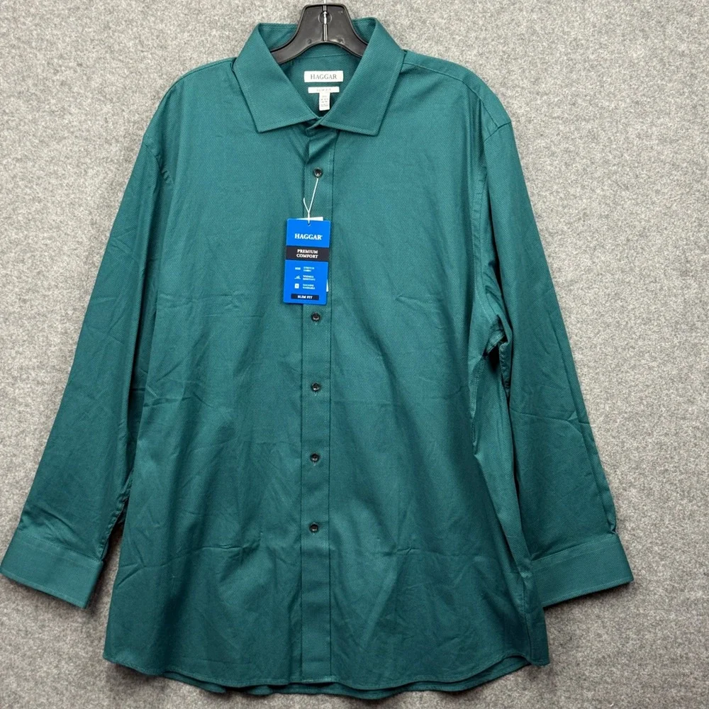 Haggar Premium Comfort Dress Shirt XXL 18-18.5 34/35 Slim Fit Dark Green Stretch